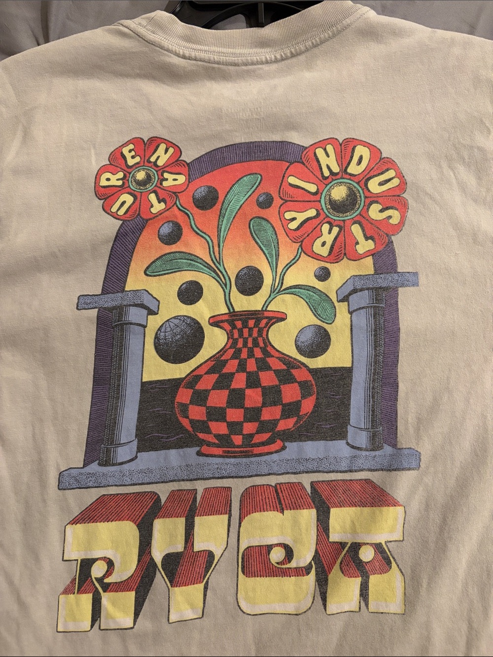 RVCA Grey Short-Sleeve Tee with Red & Yellow Chest Logo